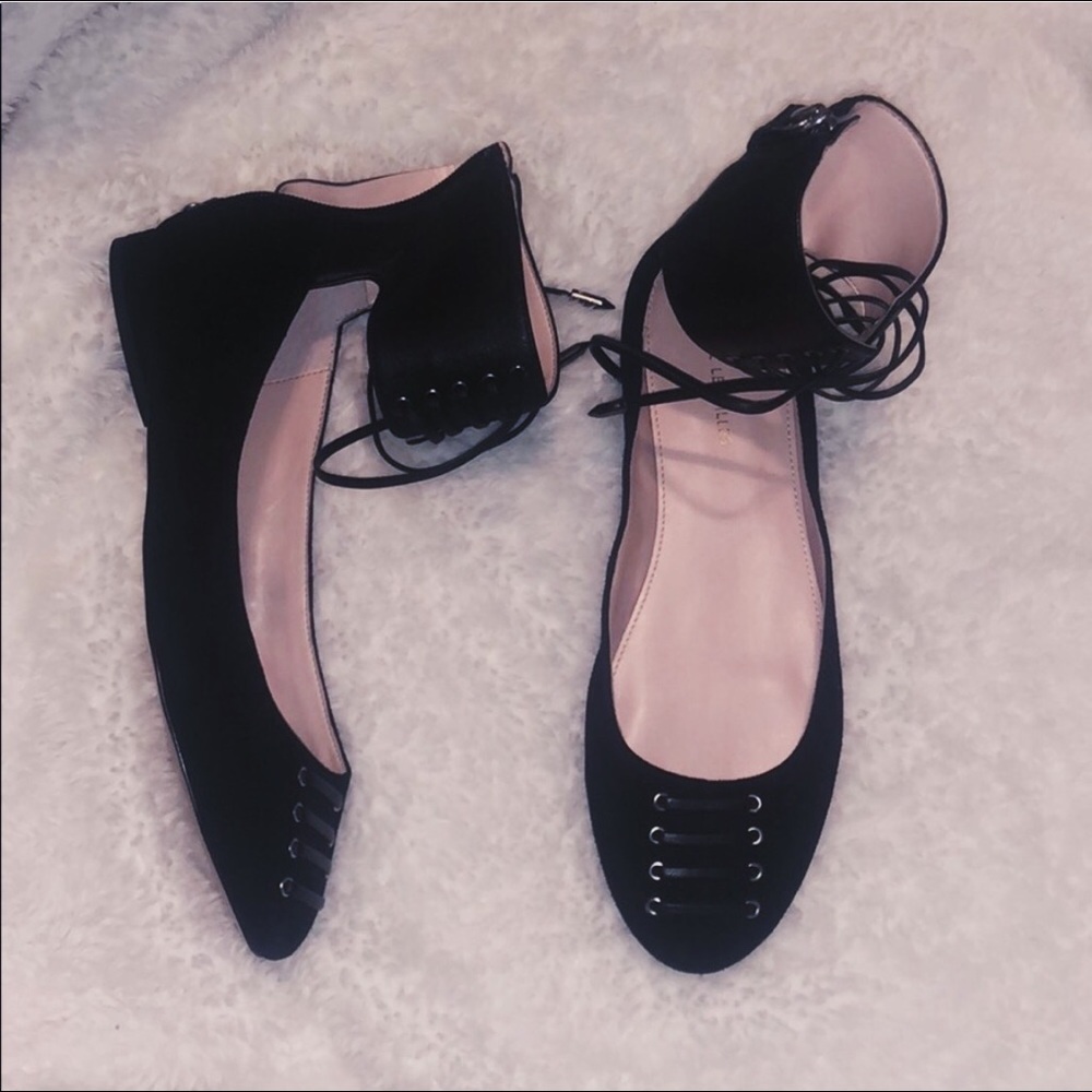 Avec Les Filles black flats with lace up strap